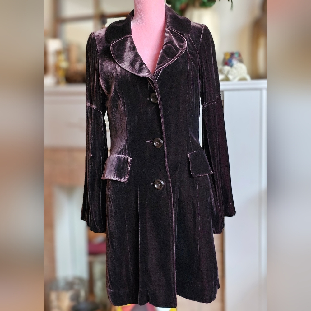 Velvet Long Button Coat - Deep Plum